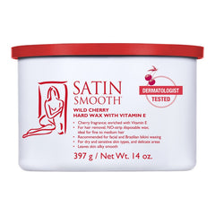 Satin Smooth Wild Cherry hard wax container with red lid on a white background
