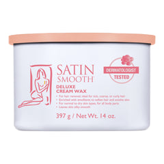 Satin Smooth Deluxe Cream Wax container with pink lid on a white background
