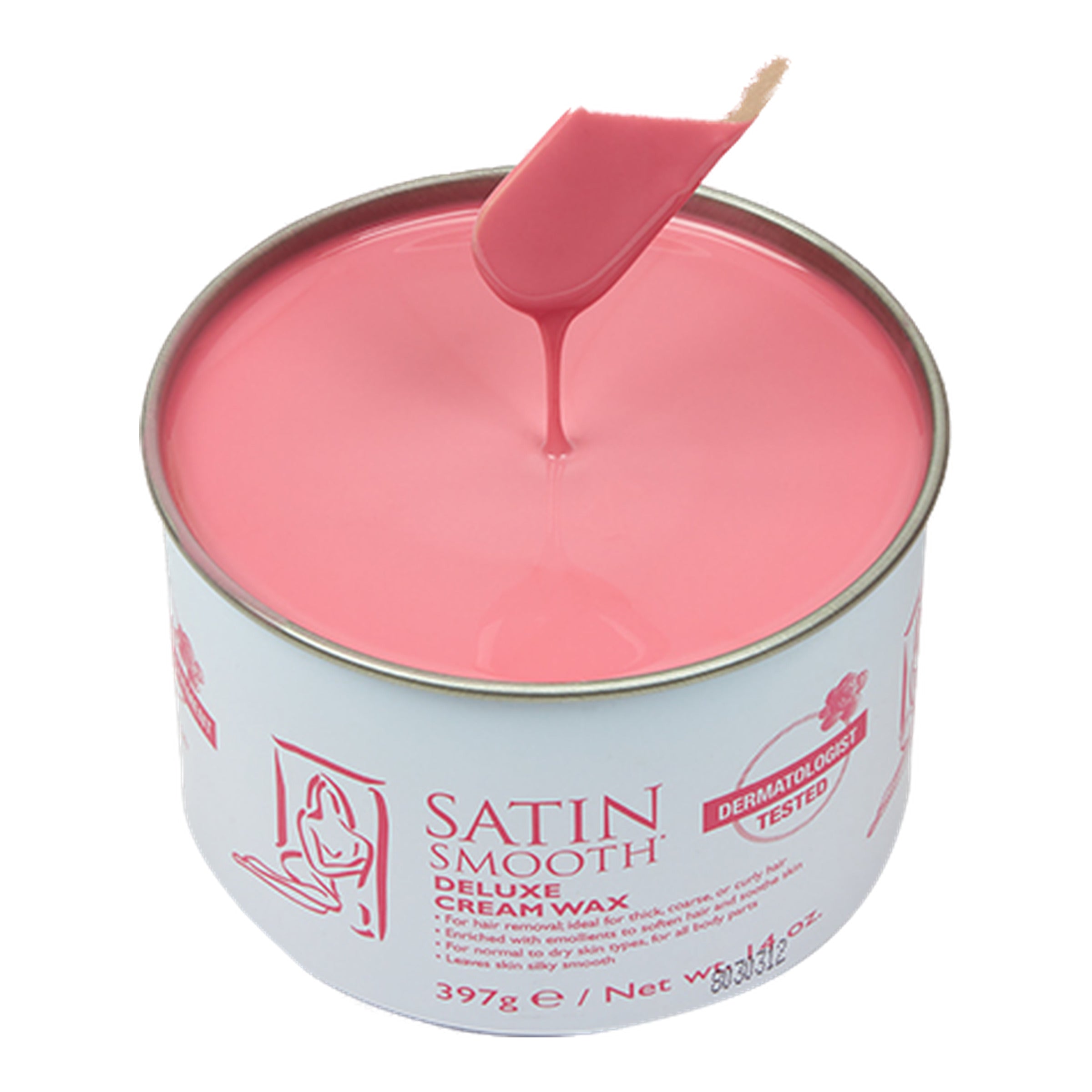 Pink wax in a can with a spatula, labeled 'Satin Smooth Deluxe Cream Wax'.