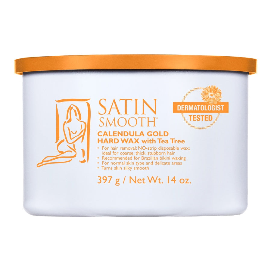 Satin Smooth Calendula Gold Hard Wax container with orange lid on a white background