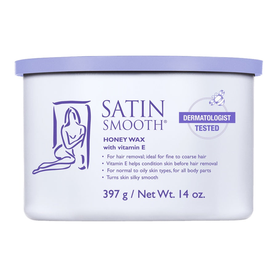 Satin Smooth honey wax container with purple lid on a white background