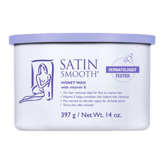 Satin Smooth honey wax container with purple lid on a white background