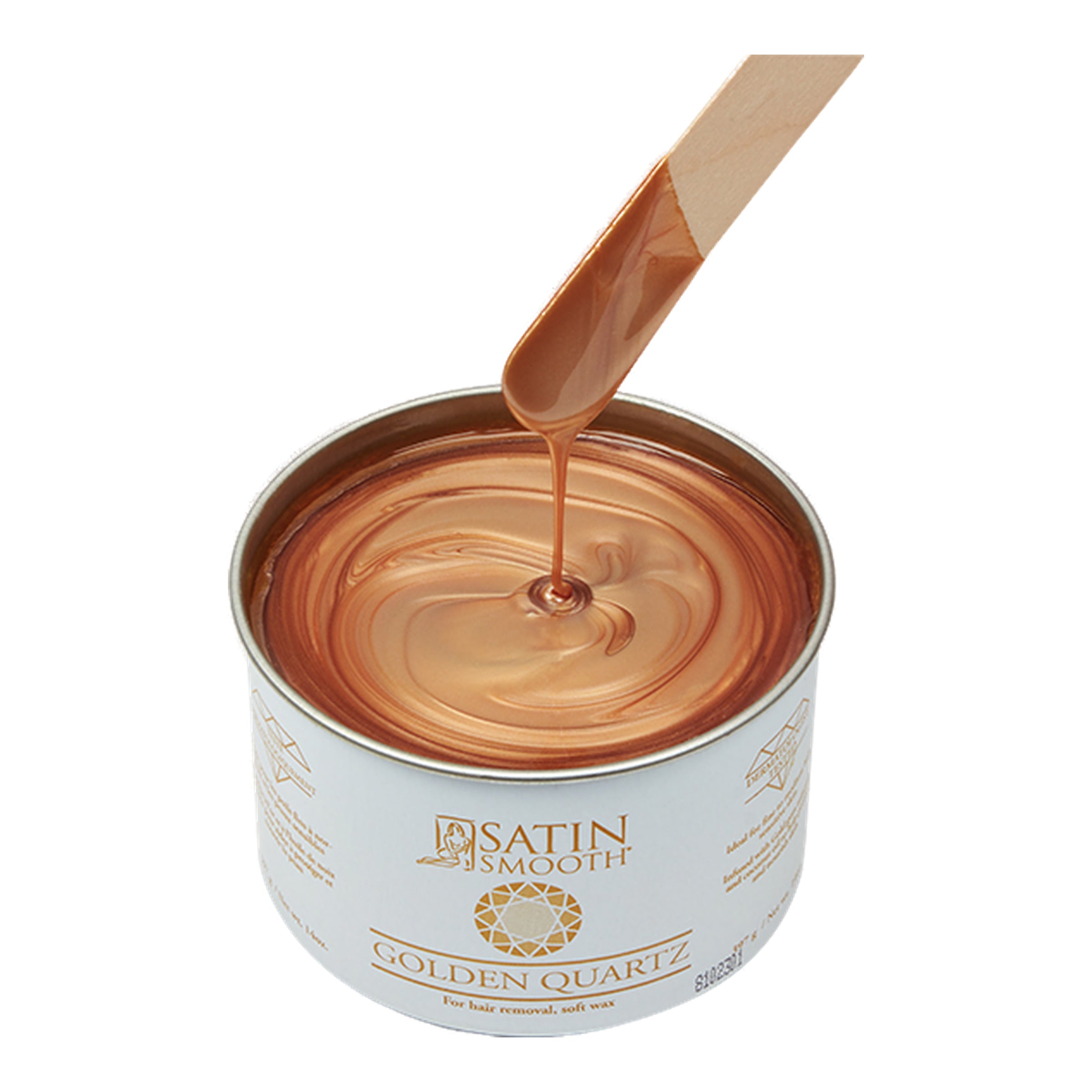Can of Satin Smooth Golden Quartz hair product with a wooden spoon