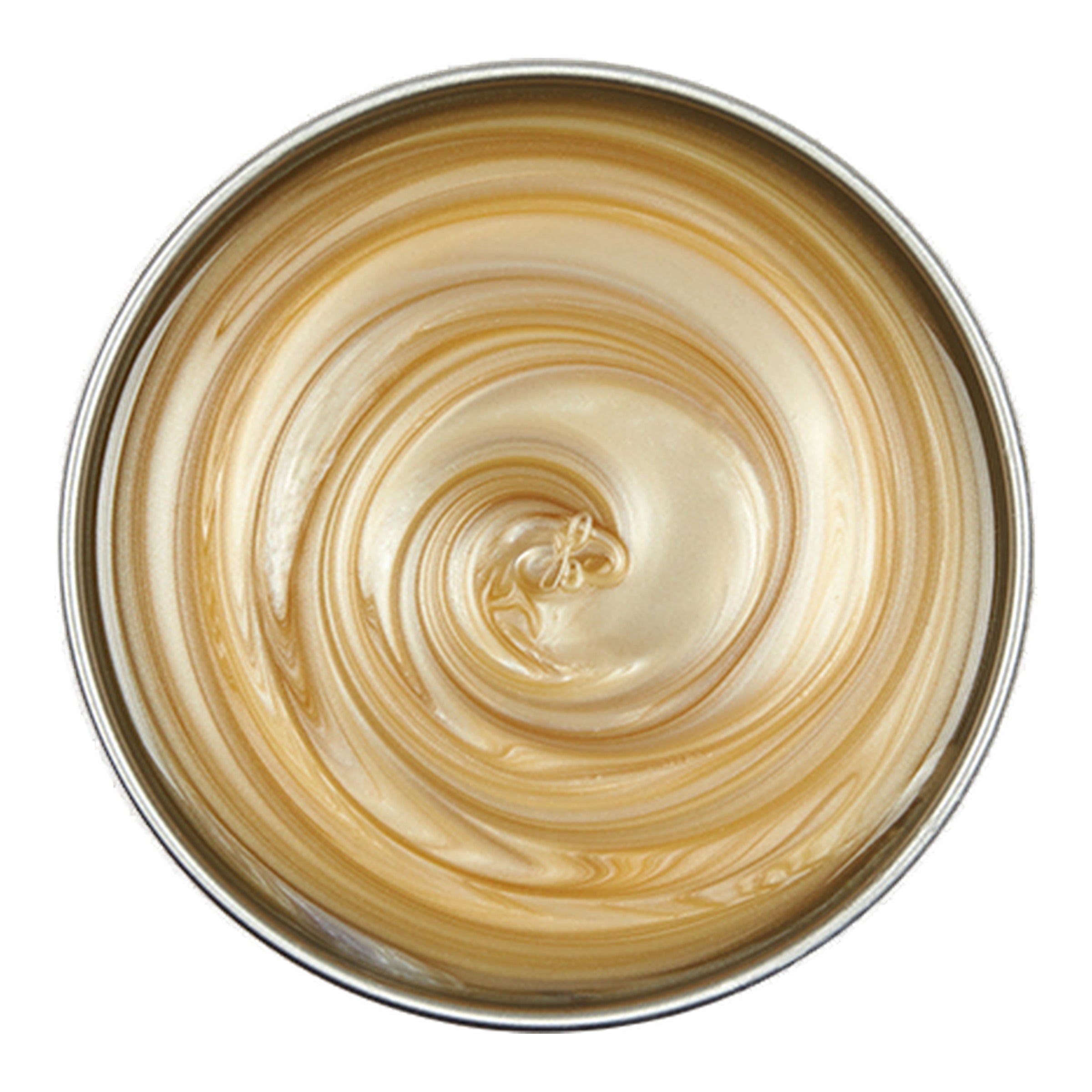 Close-up of a bowl with a swirling pattern of gold and white cream.