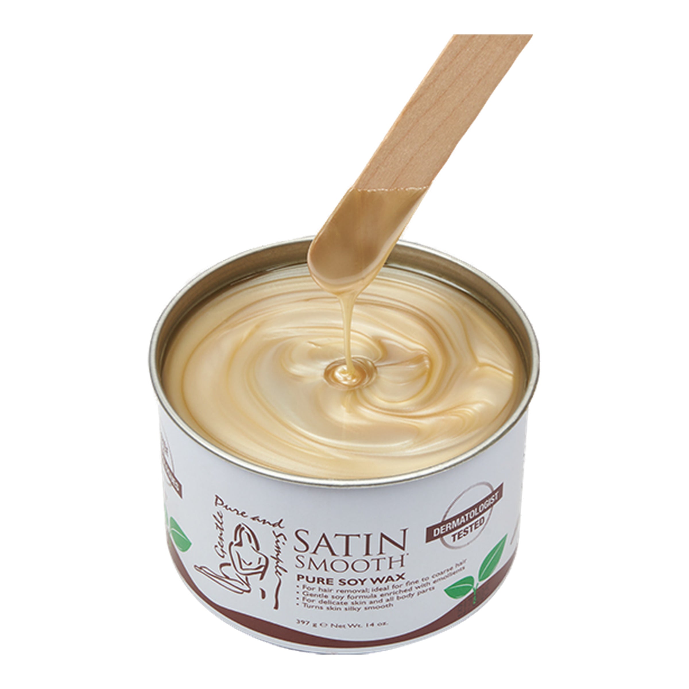Can of satin smooth pure soy wax with a wooden spoon