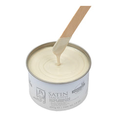 Can of satin smooth wax with a wooden applicator on a white background