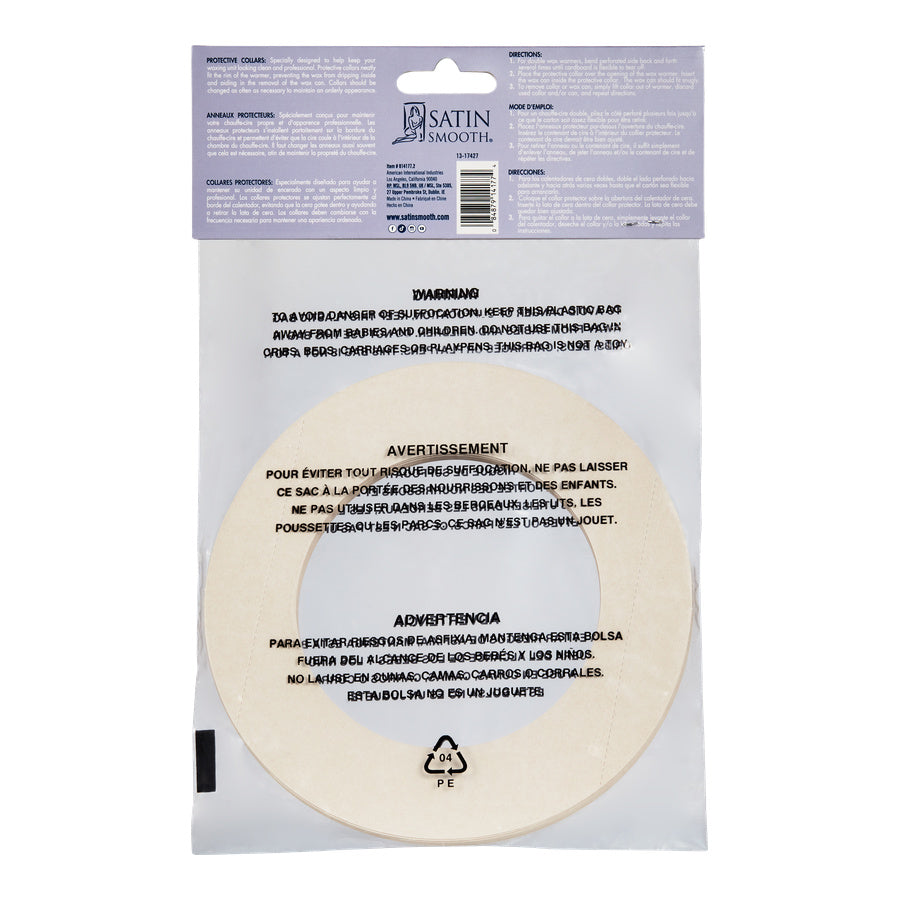 Packaging of Satin Smooth universal protective collars with warning labels.