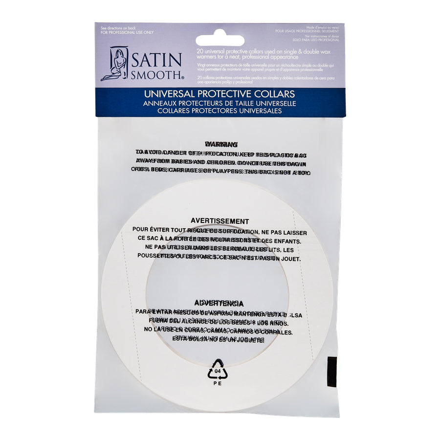 Packaging of Satin Smooth universal protective collars with warning labels.