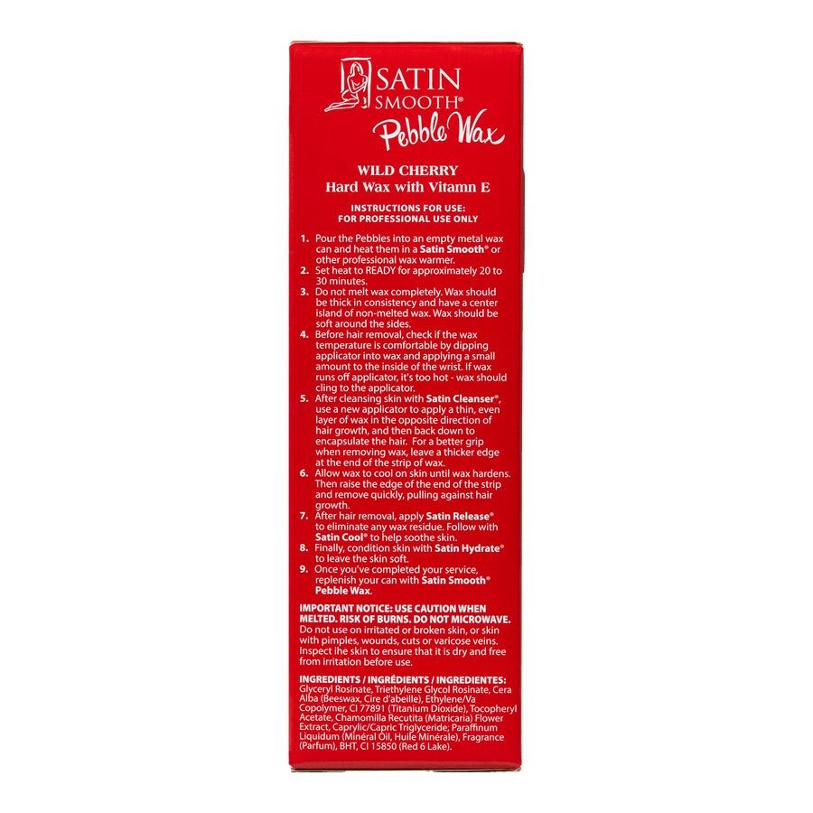 Red box of Satin Smooth Pebble Wax with instructions on a white background