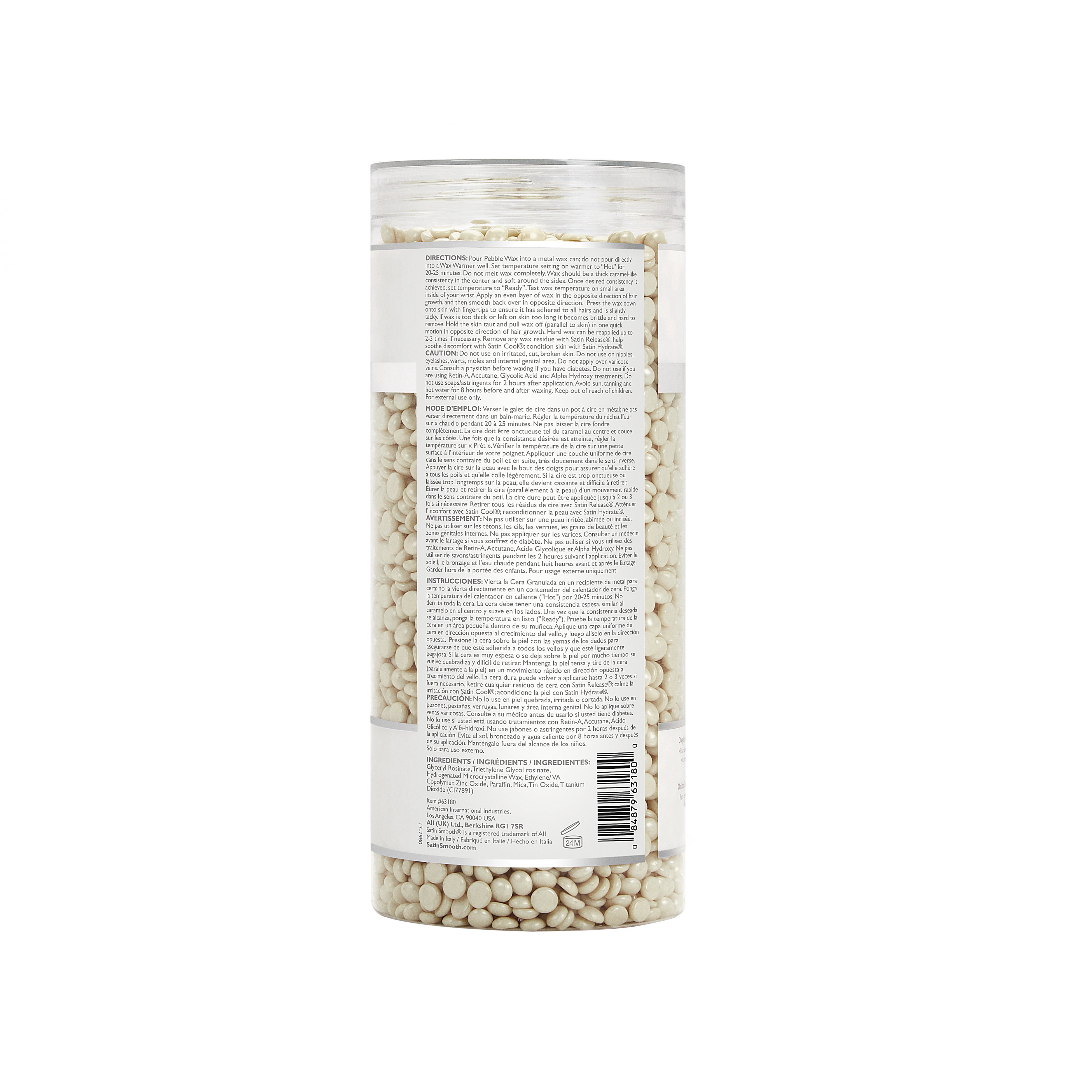Back details of a hair removal beans in a transparent tin with printed details information