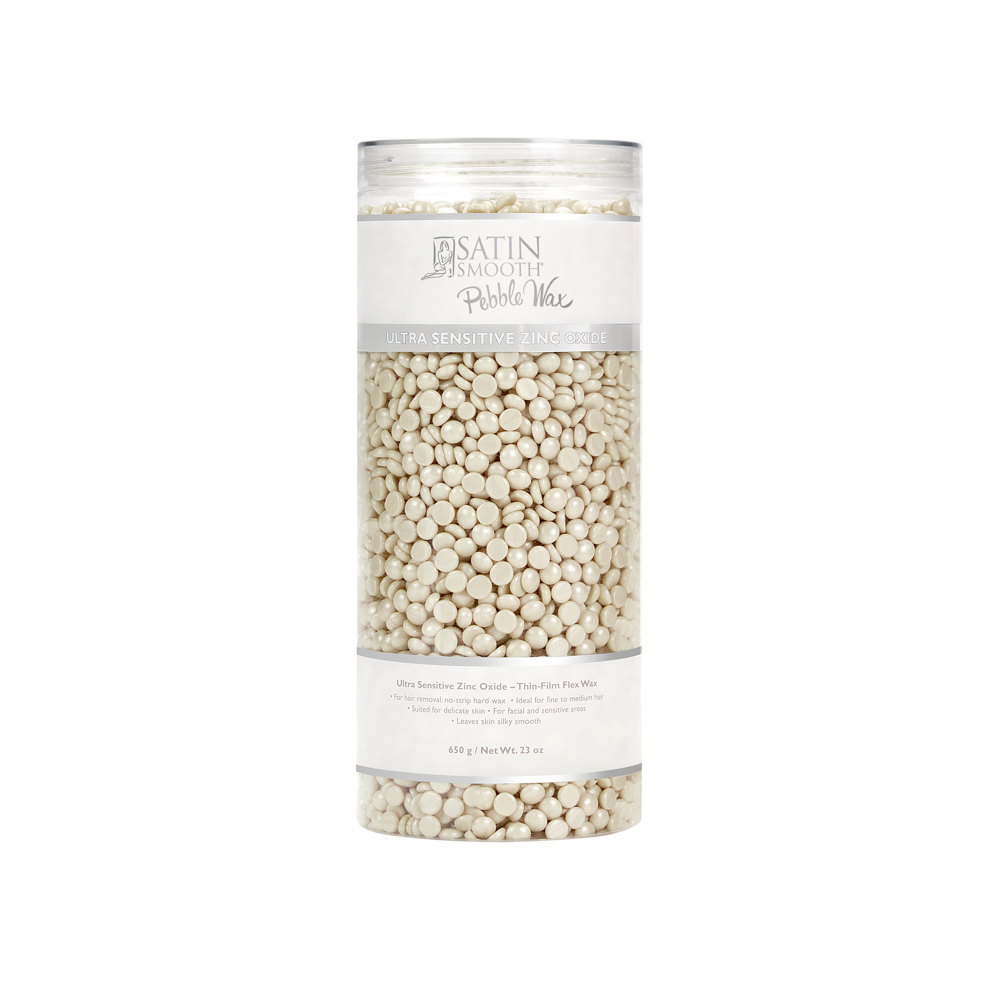 A 23-ounce canister of Satin Smooth PEBBLES WAX™ Ultra Sensitive Zinc Oxide Thin-Film Flex Wax standing 