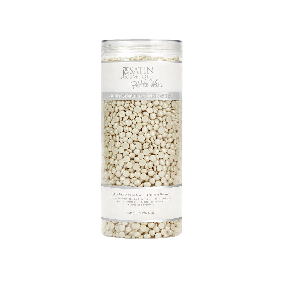 A 23-ounce canister of Satin Smooth PEBBLES WAX™ Ultra Sensitive Zinc Oxide Thin-Film Flex Wax standing 