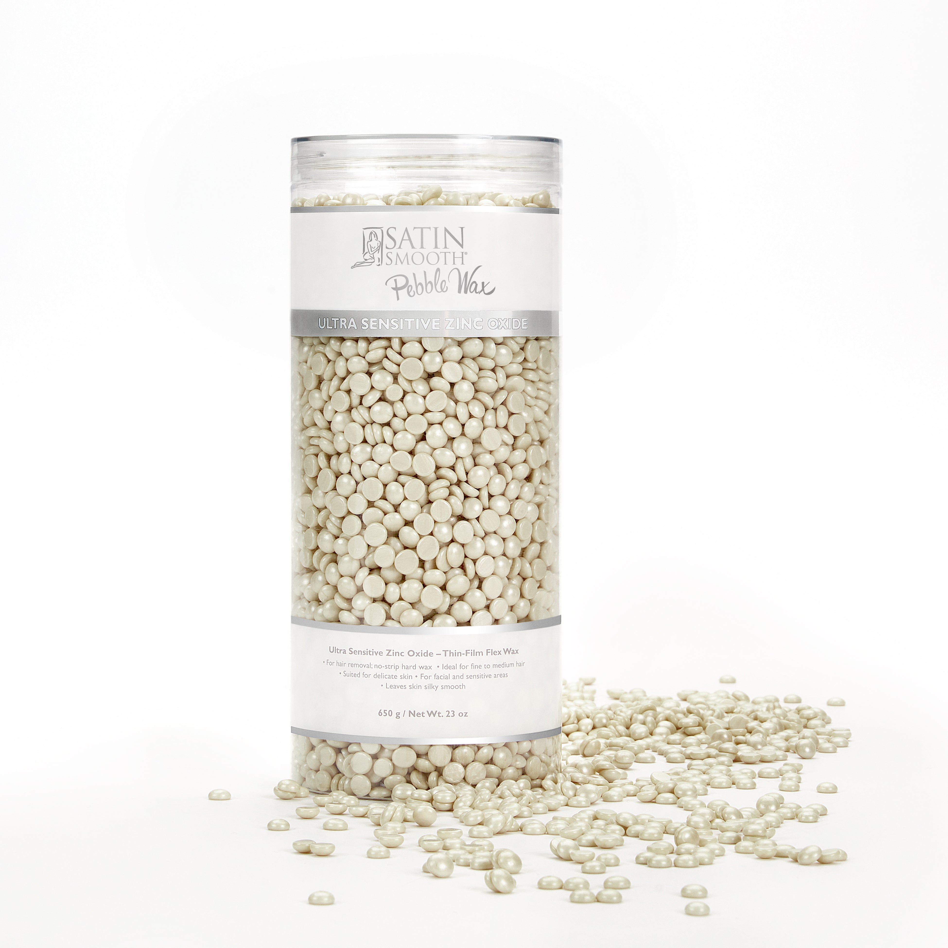 The frontage look for a depilation container with a label design and pearly white solid wax beans on the outside