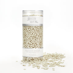 The frontage look for a depilation container with a label design and pearly white solid wax beans on the outside