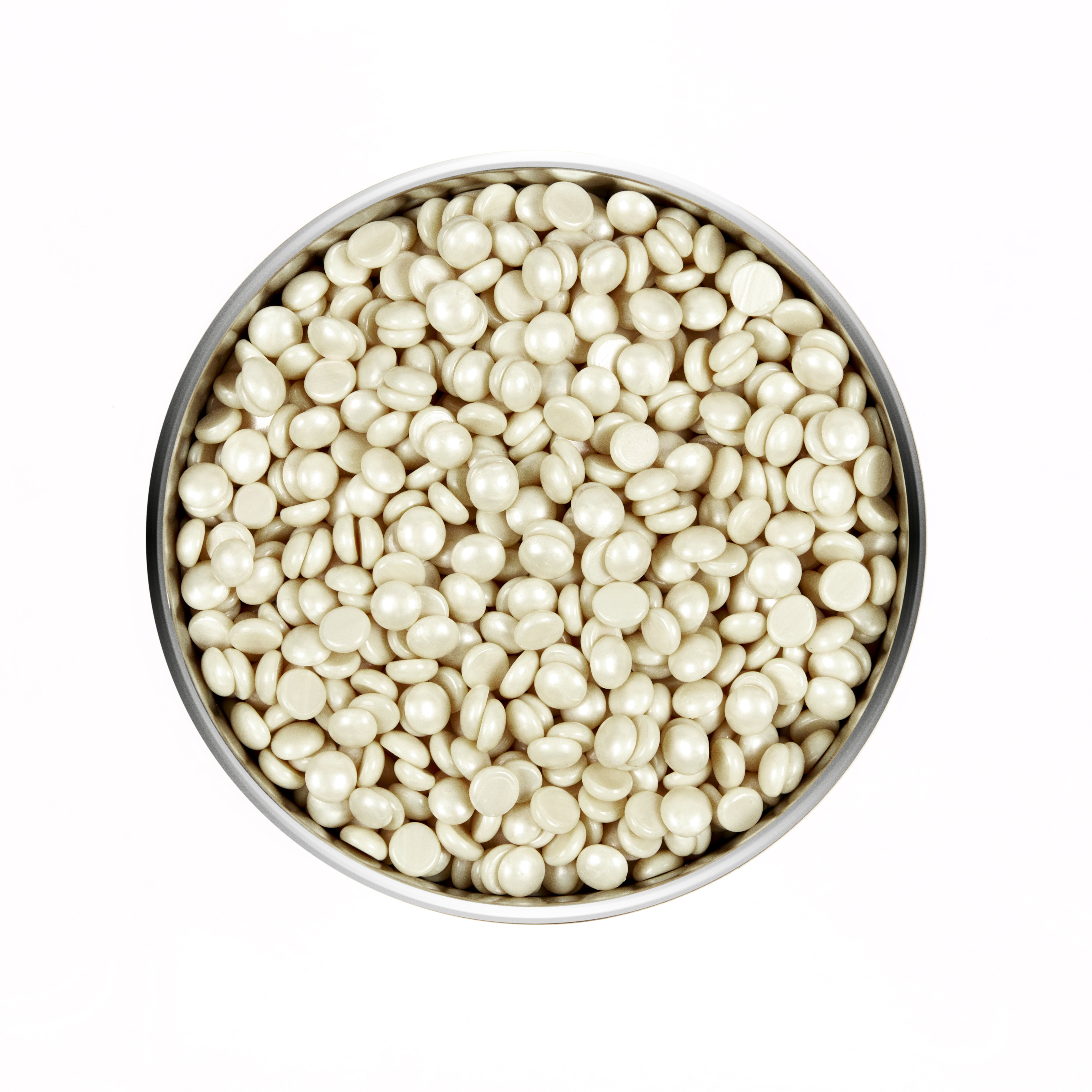 Top view of an open cylinder can of Satin Smooth PEBBLES WAX™ Ultra Sensitive Zinc Oxide Thin-Film Flex Wax solid wax beans