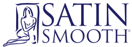 Satin Smooth professional waxing brand logo featuring iconic purple font and silhouette graphic.