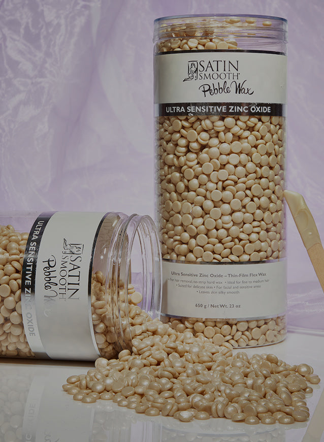 Satin Smooth Ultra Sensitive Zinc Oxide Pebble Wax in jars, ideal for delicate and sensitive skin waxing.