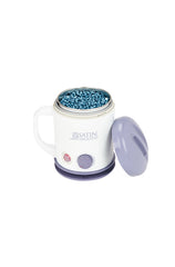 Satin Smooth wax warmer with lid beside melted blue wax beads, perfect for hair removal services.