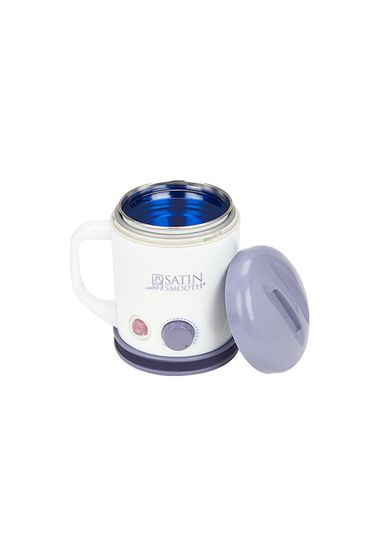 Satin Smooth wax warmer with purple lid beside an empty pot, ideal for salon waxing applications.