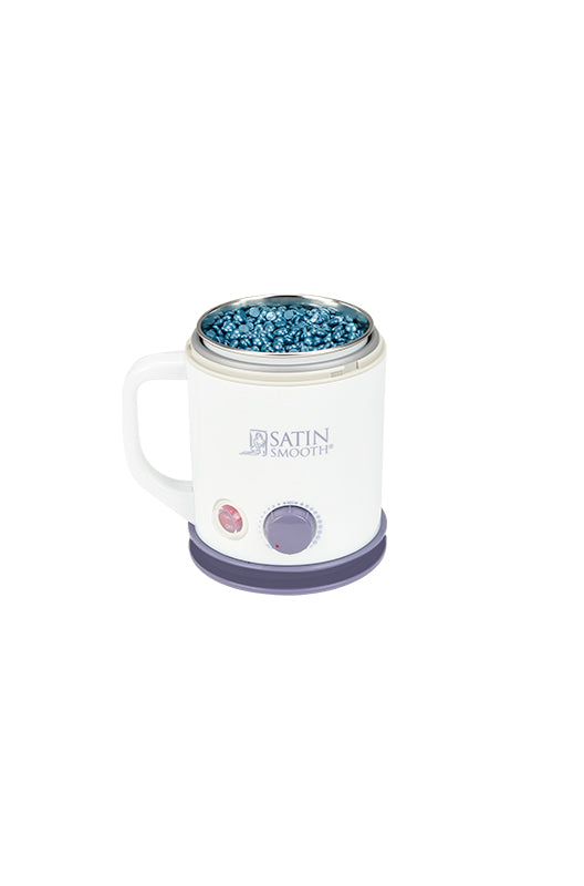 Satin Smooth wax warmer filled with blue hard wax beads, ready for professional waxing sessions.