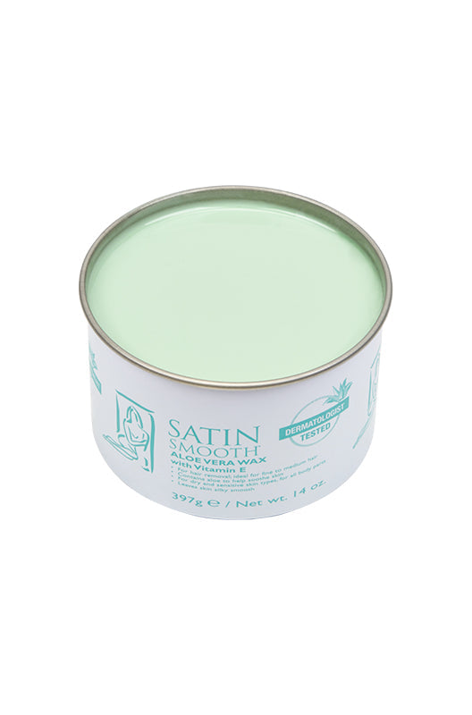 Angled top view of a 14 ounce can of Satin Smooth Aloe Vera Wax showing its contents