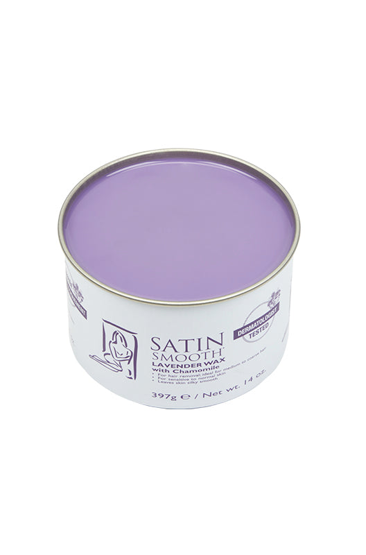 Angled top view of a 14 ounce can of Satin Smooth Lavender Wax with Chamomile Wax showing its creamy purple color