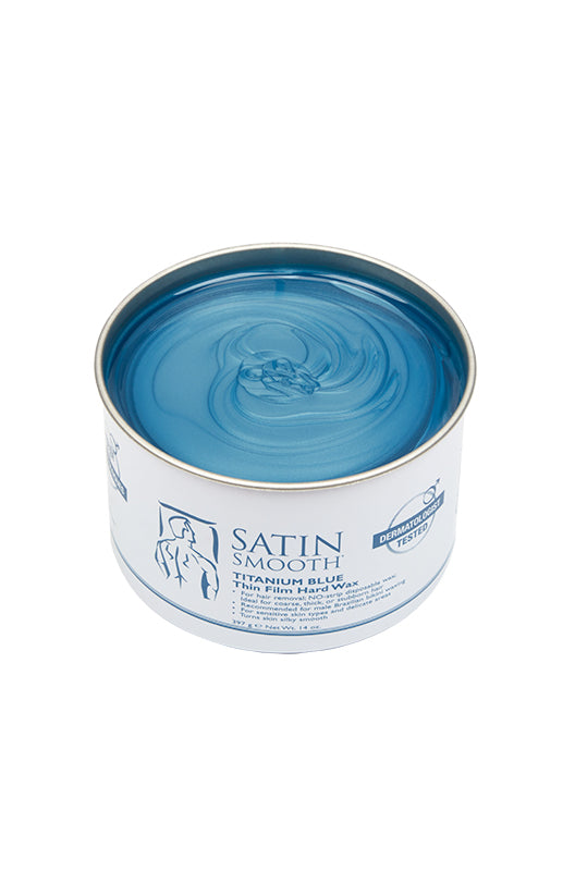 Angled top view of a 14 ounce can of Satin Smooth Titanium Blue Thin Film Hard Wax featuing its glossy blue color