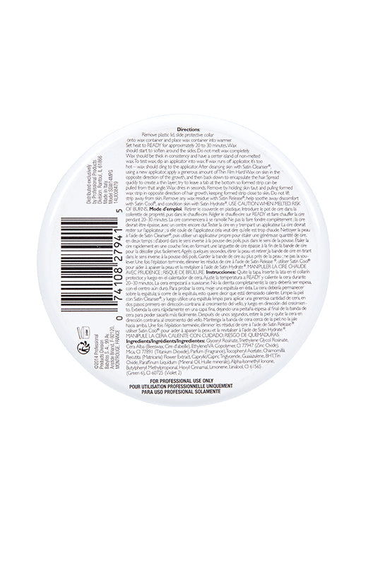 Bottom of Satin Smooth Titanium Blue Thin Film Hard Wax can with directions for use and other information