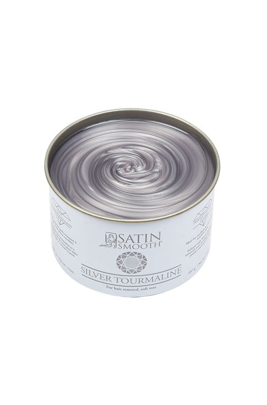 Angled top view of a 14 ounce can of Satin Smooth Silver Tourmaline Wax showing its contents