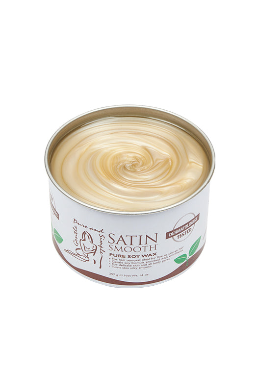 Angled top view of a 14 ounce can of Satin Smooth Pure Soy Wax displaying its contents