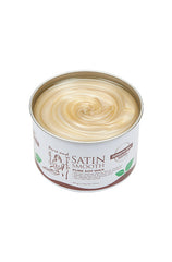 Angled top view of a 14 ounce can of Satin Smooth Pure Soy Wax displaying its contents