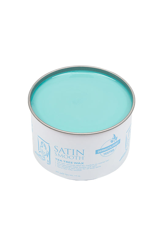 Angled top view of a 14 ounce can of Satin Smooth Tea Tree Wax displaying its contents