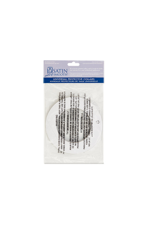 Front view of Satin Smooth Universal Protective Collar packaging showing white collar front with plastic bag warning