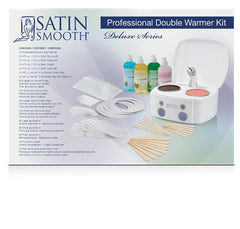 Front view of Satin Smooth Professional Double Warmer Wax Kit retail box packaging with list & illustration of its contents