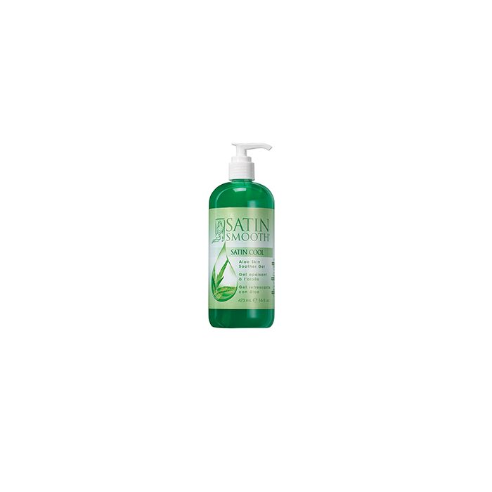 A 16 ounce pump bottle of Satin Smooth Satin Cool Aloe Vera Skin Soother featuring its emerald green gel contents